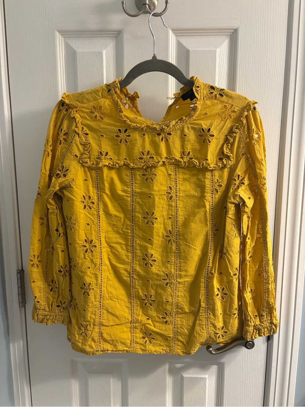 J. Crew Mustard Eyelet Ruffle Long-Sleeve Top